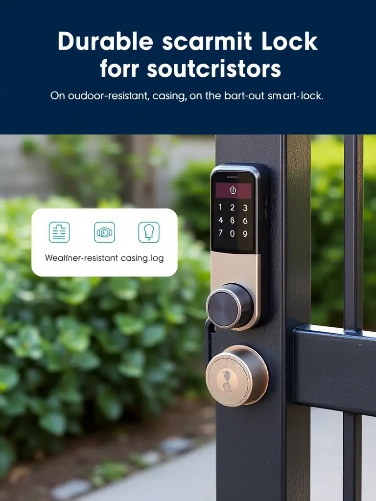 A durable smart lock designed for outdoor use, featuring a weather-resistant casing and a robust locking mechanism, installed on a metal gate.