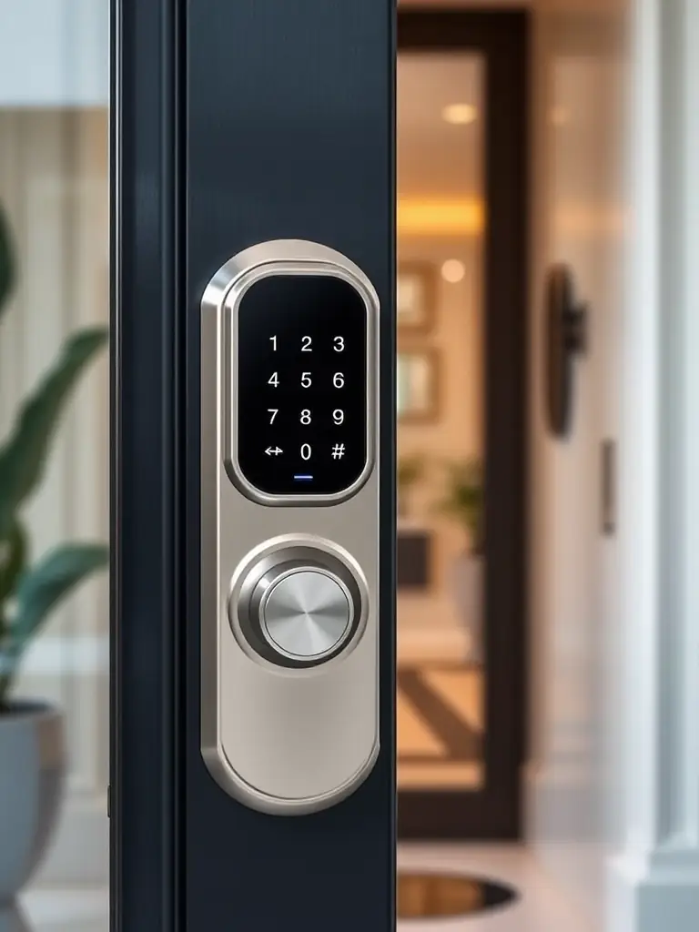 A close-up of a smart lock with a built-in fingerprint scanner, highlighting the biometric security feature and ease of use.