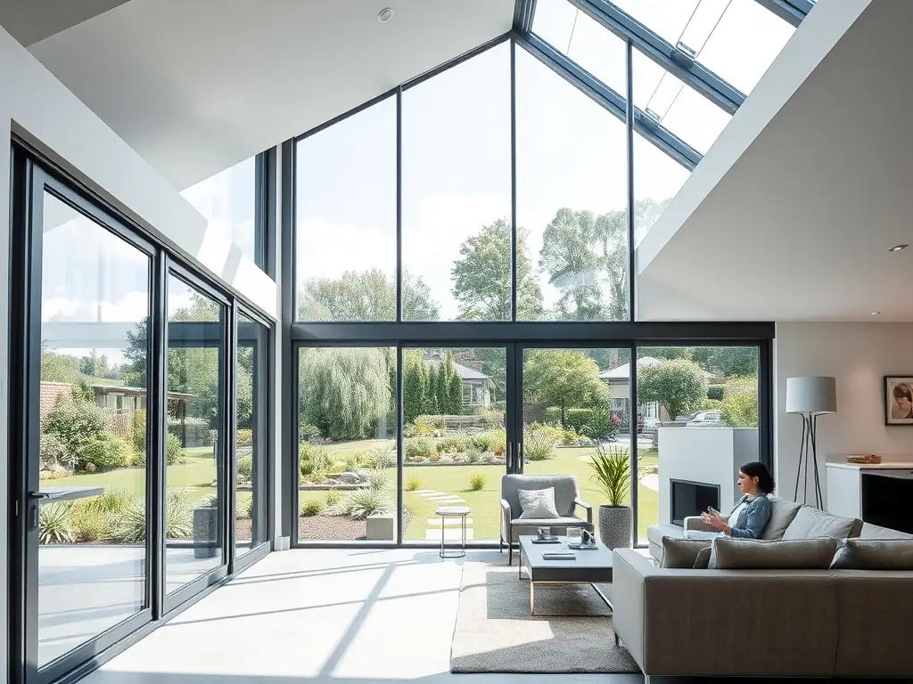 A modern home showcasing large, energy-efficient aluminium windows with a sleek, minimalist design, highlighting the natural light and architectural beauty.
