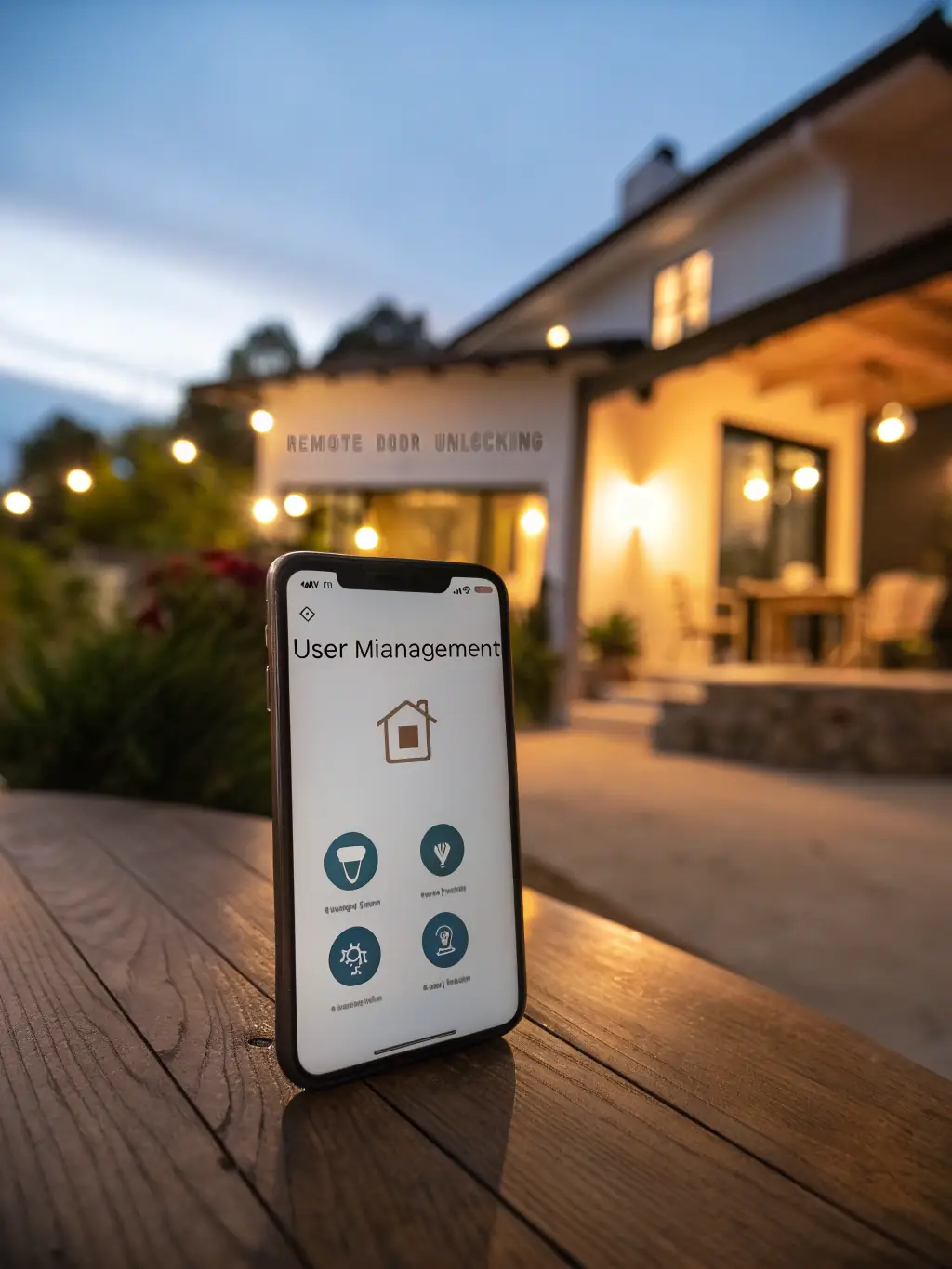 A smart lock integrated with a home automation system, showing a smartphone app controlling the lock remotely, along with other smart home devices.