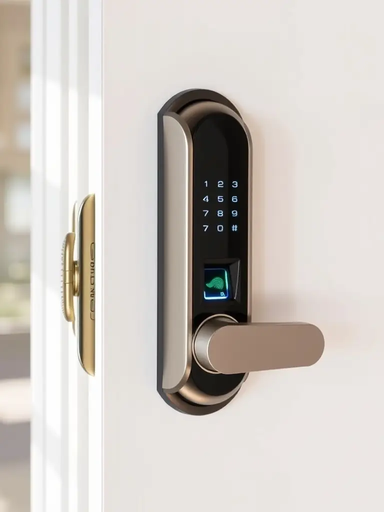 A modern smart lock on a wooden front door, displaying a sleek touchscreen interface and a fingerprint scanner, with a blurred background of a well-lit home interior.